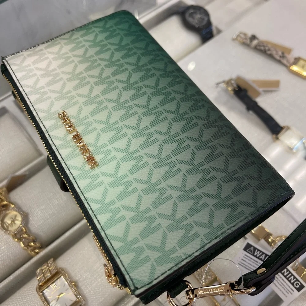MICHAEL KORS Jet Set Lg Ombré Signature Logo Double Zip Wristlet Wallet  Moss